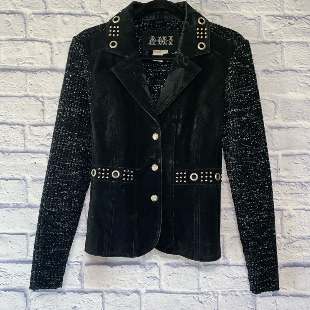 A.M.I. Women's Size M Black Suede Leather Jacket w/ Acrylic Knit Sleeves